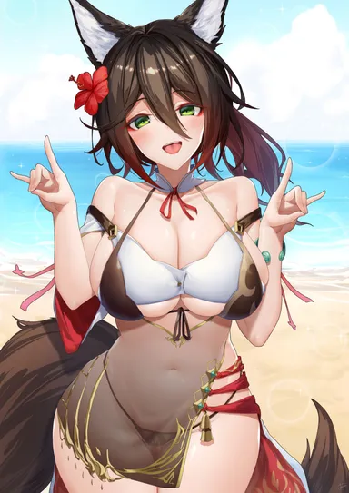 xfate, honkai: star rail, tingyun (honkai: star rail), 1girls, animal ears, beach, big breasts, bikini, blush, curvy, female, female only, fox ears, fox girl, fox tail, green eyes, hair ornament, large breasts, looking at viewer, midriff, navel, outdoors, outside, solo, solo female, swimsuit, tail, thick, thick thighs, voluptuous, wide hips