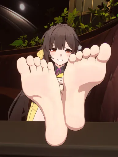 auxp, honkai: star rail, sushang (honkai: star rail), 1girls, 5 toes, bare soles, barefoot, brown hair, feet, female, female only, one female, only female, orange eyes, soles, solo, solo female, toes