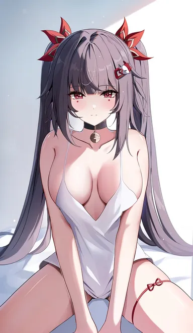 yeni1871, honkai (series), honkai: star rail, sparkle (honkai: star rail), bed, bedroom, black hair, breasts, camisole, choker, facial mark, female, hair ornament, large breasts, light, light rays, long hair, looking at viewer, morning, purple eyes, sitting, solo, spaghetti strap, thigh strap, thighs, twintails, very long hair, absurdres, commentary, highres