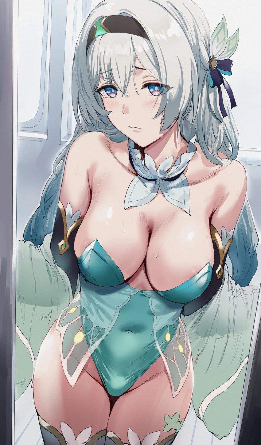 hews, hews hack, honkai: star rail, firefly (honkai: star rail), areola slip, arms behind back, closed mouth, embarrassed, large breasts, leotard, mirror, mirror reflection