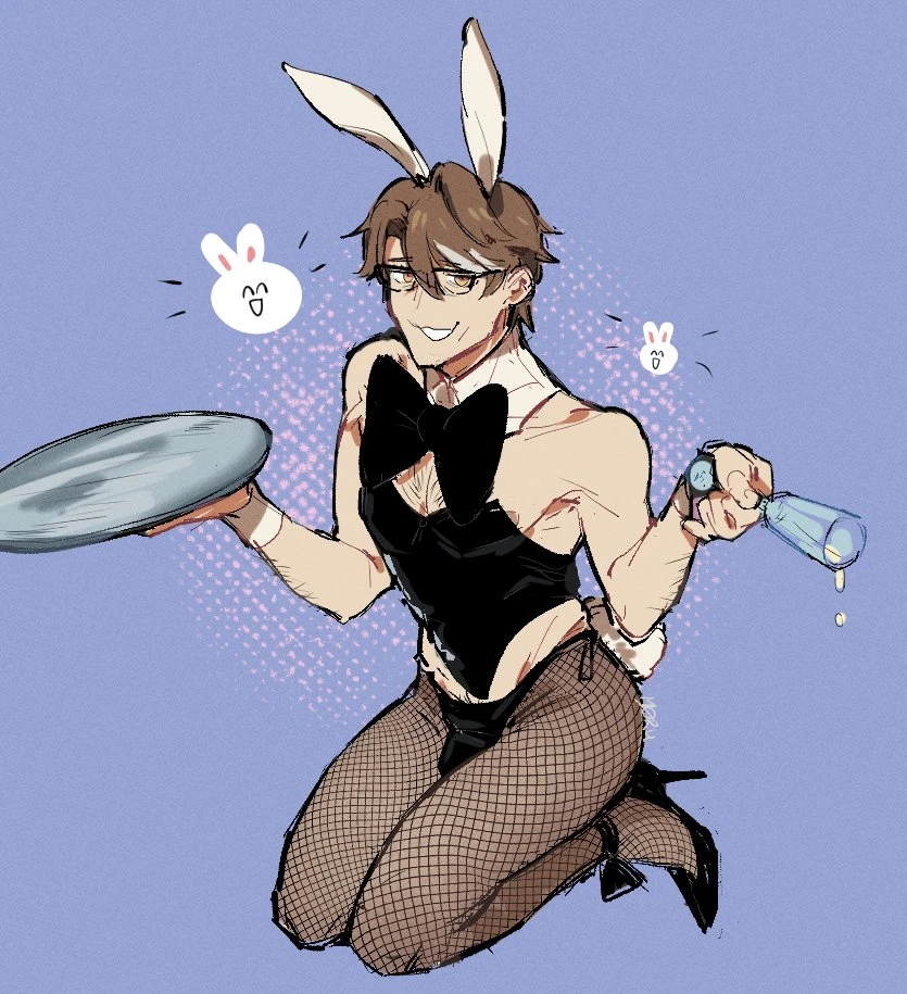 honkai (series), honkai: star rail, welt yang (honkai: star rail), bowtie, brown hair, bulge, bunny ears, bunny tail, bunnysuit, chest hair, cuffs (clothing), cup, fishnet stockings, fishnets, glasses, high heels, male only, plate, smirk, smirking, smirking at viewer, stockings, yellow eyes