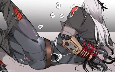 yukaero4, honkai (series), honkai: star rail, boothill (honkai: star rail), 1boy, bondage, bound, cyborg, grey background, male, male focus, multicolored hair, partially undressed, white hair, yaoi, highres, paid reward available, patreon username, speech bubble