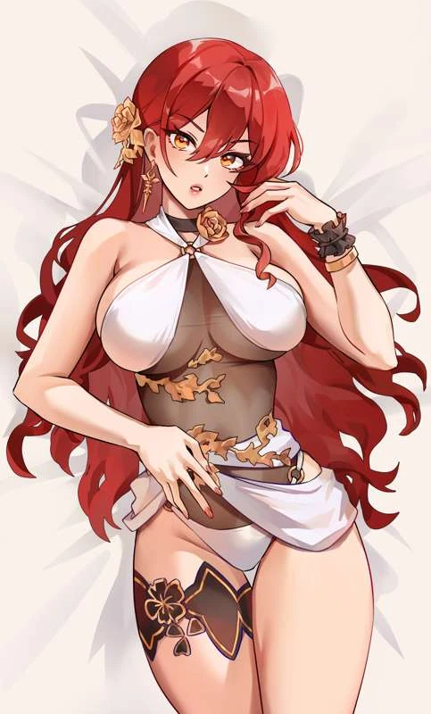 foxyreine, honkai (series), honkai: star rail, hoyoverse, mihoyo, himeko (honkai: star rail), arms, ass, bed sheet, big breasts, breasts, choker, eyes, face, female, full body, hair, humanoid, legs, limbs, long hair, looking at viewer, red hair, redhead, transparent clothing, yellow eyes