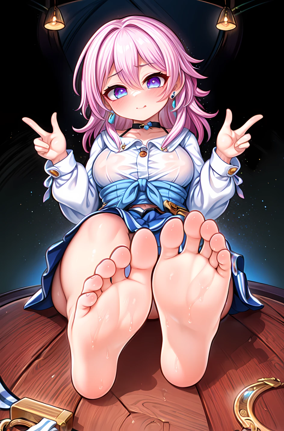 foopanthia, honkai (series), honkai: star rail, march 7th (honkai: star rail), 1girls, 5 toes, alternate breast size, bare legs, barefoot, blush, clothed, eyes, feet, female, female focus, female only, foot fetish, foot focus, from below, legs, looking at viewer, looking down, pink hair, short hair, sitting, smile, sole female, soles, solo, solo female, solo focus, teasing, thick thighs, thighs, toes, ai generated