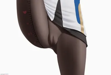 z282g, honkai (series), honkai: star rail, pela (honkai: star rail), ass visible through thighs, black pantyhose, bottomless, cameltoe, dress, measuring, pantyhose, pussy, thighs, white background, highres