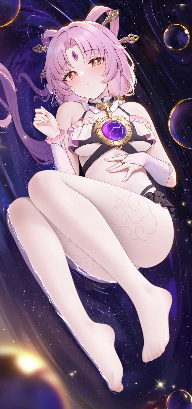 fu xuan (honkai: star rail), purple hair, thighs, white thigh socks