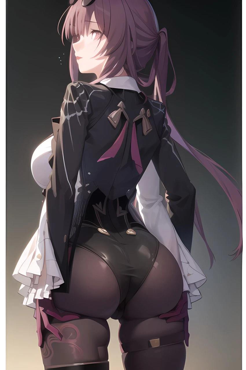 honkai: star rail, kafka (honkai: star rail), ass, ass focus, ass support, backboob, breasts, cameltoe, female, from behind, gloves, huge ass, leotard, long hair, pantyhose, pantyhose under shorts, purple eyes, purple hair, shiny, shiny clothes, shiny skin, short shorts, shorts, sideboob, smile, solo, sunglasses, sunglasses on head, thick thighs, thighhighs, very long hair, ai generated