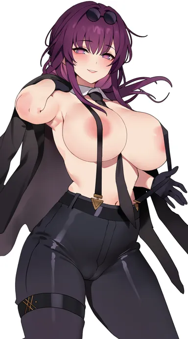 ndgd, honkai: star rail, kafka (honkai: star rail), 1girls, areolae, big breasts, blush, curvy, eyewear on head, female, female only, glasses, glasses on head, gloves, large breasts, looking at viewer, necktie, pants, purple eyes, purple hair, solo, solo female, thick, thick thighs, voluptuous, white background