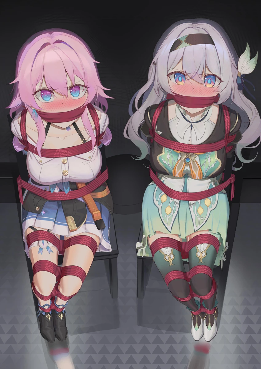 honkai (series), honkai: star rail, firefly (honkai: star rail), march 7th (honkai: star rail), 2girls, bondage, chair bondage, damsel in distress, gag, pink hair, tied up, white hair