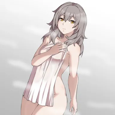 lucky zero, zerocgm, honkai: star rail, stelle (honkai: star rail), 1girls, almost naked, blush, breasts, covering, covering self, cowboy shot, eyebrows visible through hair, gold eyes, grey hair, hair between eyes, long hair, looking at viewer, naked towel, sideboob, solo, standing, steam, thighs, towel, absurd res, hi res