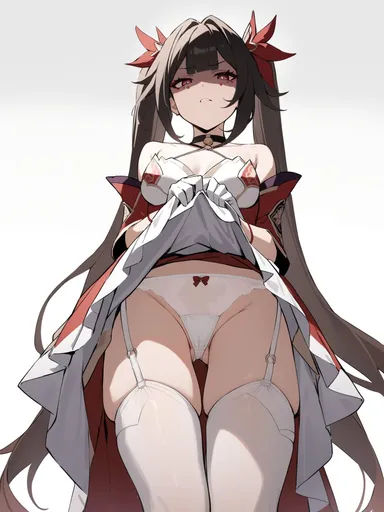 honkai: star rail, sparkle (honkai: star rail), 1girls, ass, big breasts, bra, brown hair, choker, clothing, dominant female, exhibitionism, legwear, long hair, maid, naughty face, panties, pink eyes, pussy, pussy lips, school uniform, skirt, skirt lift, teasing, thick thighs, upskirt, voluptuous, ai generated, hi res