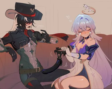 memeh, honkai (series), honkai: star rail, boothill (honkai: star rail), robin (honkai: star rail), ..., 1boy, angel wings, arm rest, bare shoulders, belt, belt buckle, black hair, black hat, black jacket, black pants, black sleeves, blue hair, blush, breasts, brown belt, buckle, bullet print, cleavage, closed eyes, closed mouth, couch, cowboy hat, cropped jacket, cyborg, detached collar, detached sleeves, dildo, dress, eyelashes, facial mark, fangs, female, gloves, gradient hair, gradient sleeves, hair between eyes, hair intakes, hair over eyes, halo, hat, head wings, heart, holding, holding sex toy, jacket, layered gloves, leaf ornament, long hair, mechanical arms, multicolored hair, open hand, open mouth, pants, pink hair, pointing, pointing at self, purple dress, purple sleeves, red scarf, scarf, sex toy, shiny skin, short sleeves, side slit, sitting, skirt, smile, spoken ellipsis, star ornament, straight, strap-on, strapless, strapless dress, thigh belt, thigh strap, thighs, tongue, two-sided sleeves, two-tone hair, white dress, white gloves, white hair, white skirt, white wings, wing blush, wings, yellow halo, zipper, zipper pull tab, absurdres, artist name, highres