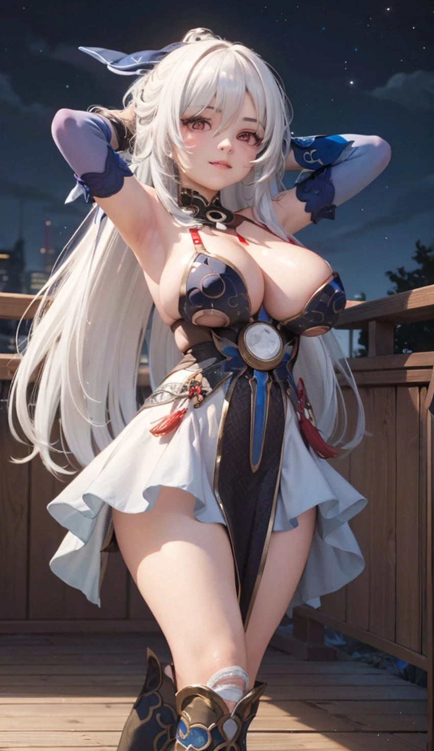 cortezian generations, honkai (series), honkai: star rail, hoyoverse, mihoyo, patreon, jingliu (honkai: star rail), 1girls, armpits, arms up, bare shoulders, big breasts, blush, boots, cleavage, clothing, dress, female, gloves, hard nipples, long hair, night sky, no blindfold, solo, stars, thick thighs, thighs, white hair, ai generated, hi res