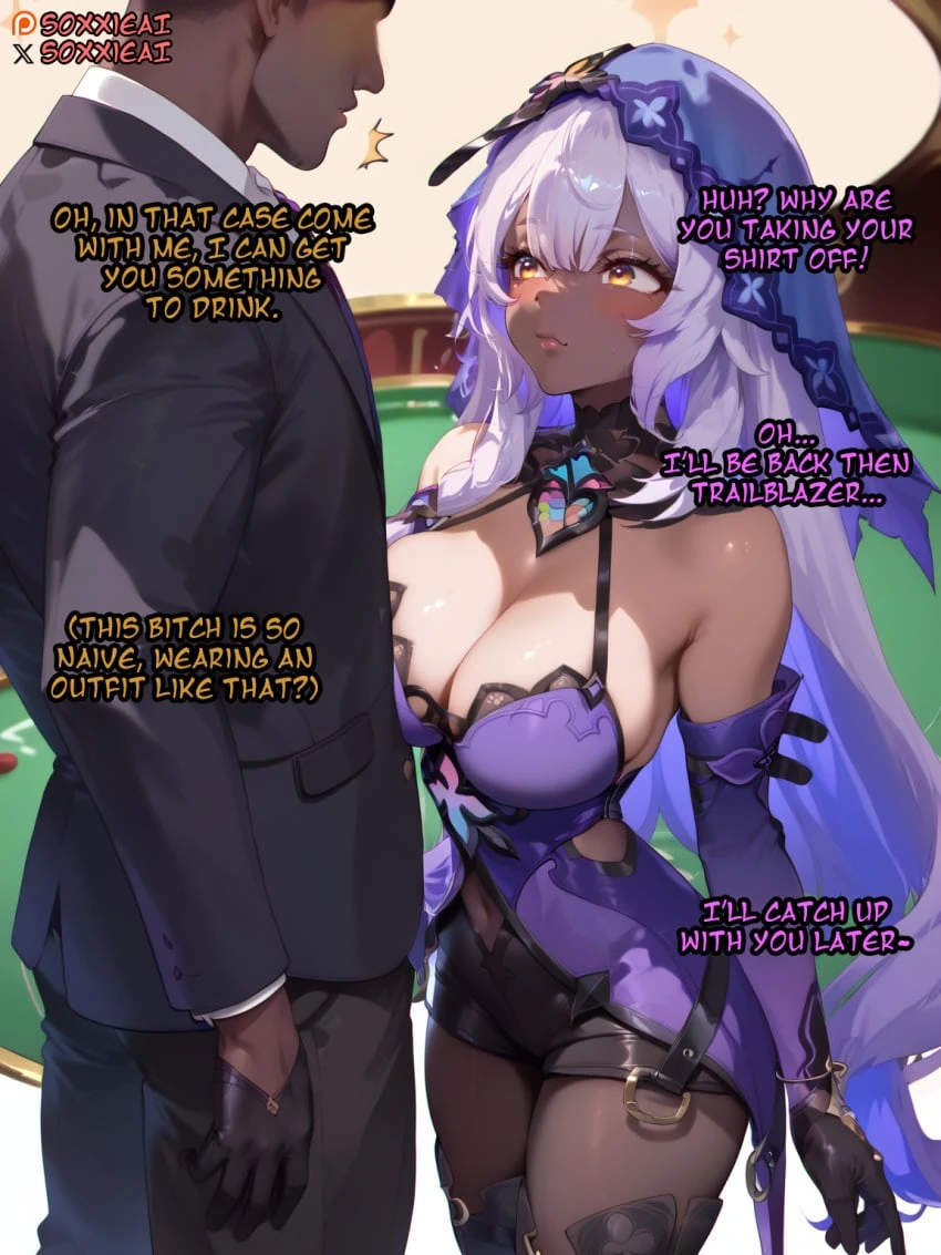 honkai: star rail, black swan (honkai: star rail), 1boy, ass, big breasts, cameltoe, cleavage, dark-skinned male, female, interracial, leggings, long hair, pantyhose, pussy, thighs, ai assisted, ai generated, caption