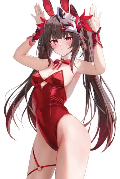 ru zhai, honkai (series), honkai: star rail, hoyoverse, mihoyo, sparkle (honkai: star rail), 1girls, armpits, bare shoulders, bare thighs, black hair, blush, brown hair, bunny girl, bunnysuit, hips, red eyes, seducing, seducing viewer, seductive, slim body, slim female, slim figure, slim girl, slim waist