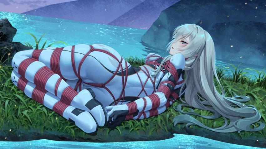 honkai (series), honkai: star rail, firefly (honkai: star rail), bondage, grass, laying down, long hair, night, plugsuit, restrained, tied up, water, white hair