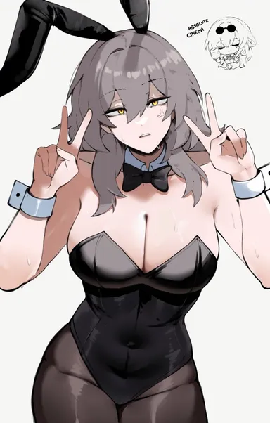 masoq095, honkai (series), honkai: star rail, stelle (honkai: star rail), bowtie, bunny ears, bunny girl, bunnygirl, bunnysuit, cleavage, grey hair, yellow eyes, tagme