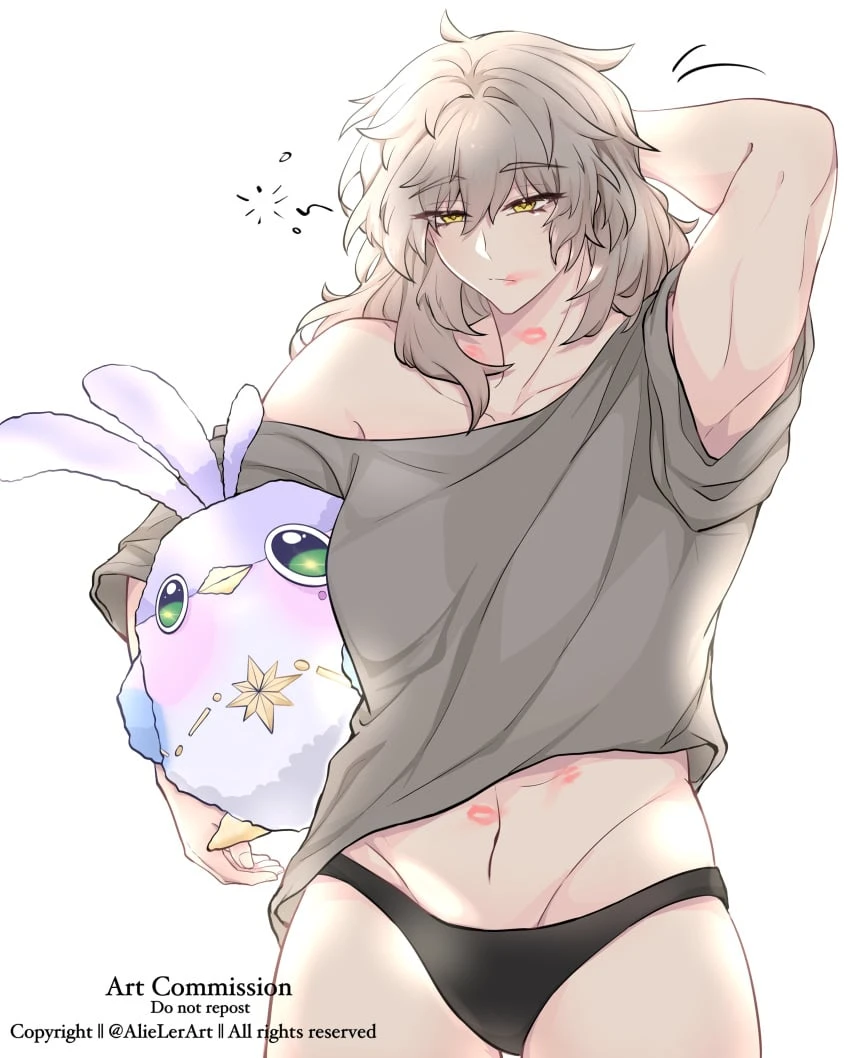 honkai (series), honkai: star rail, hoyoverse, stelle (honkai: star rail), trailblazer (honkai: star rail), abs, alielerart, kiss mark, lots of lipstick marks, muscular, muscular female, oversized shirt, plush, plushie, underwear, wake up, waking up