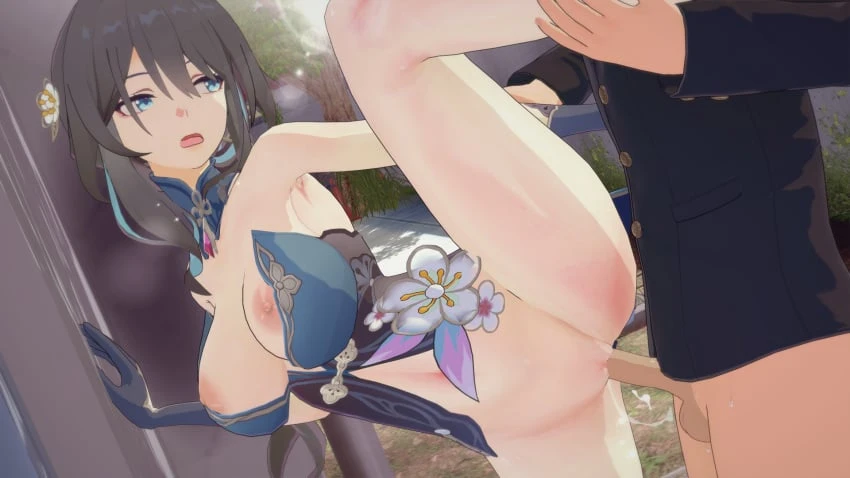 realize real, honkai (series), honkai: star rail, ruan mei (honkai: star rail), 1boy, 1girls, big breasts, big penis, black hair, light-skinned female, light-skinned male, 3d, 3d (artwork), koikatsu