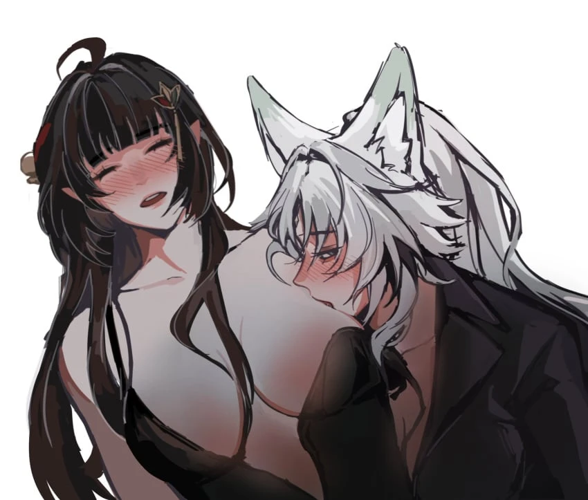 honkai: star rail, feixiao (honkai: star rail), lingsha (honkai: star rail), breasts, elf ears, fox ears, fox girl, suit, yuri