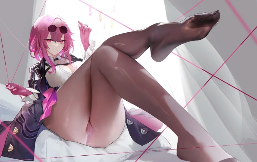 omone hokoma agm, honkai: star rail, kafka (honkai: star rail), 1girls, big breasts, boob window, cameltoe, clothed, feet, female only, glasses on head, pantyhose, purple eyes, purple hair, pussy, solo, solo female