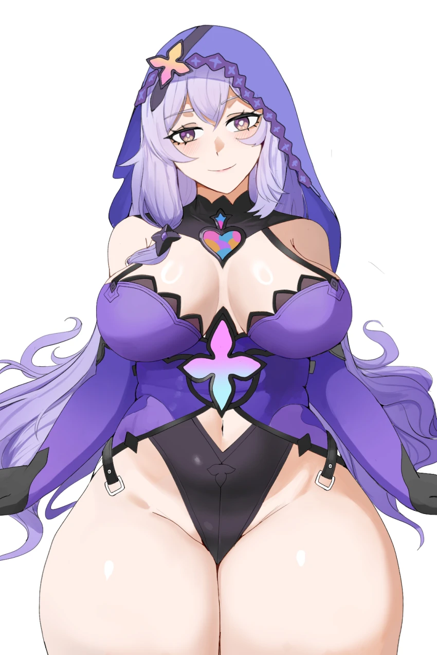 honkai (series), honkai: star rail, black swan (honkai: star rail), bare shoulders, breasts, clothing cutout, cowboy shot, dress, elbow gloves, female, gloves, grey eyes, groin, large breasts, long hair, looking at viewer, navel, navel cutout, purple dress, purple hair, simple background, sleeveless, sleeveless dress, smile, solo, standing, thick thighs, thighs, veil, very long hair, white background, yellow glasses (odivichno), commentary, highres