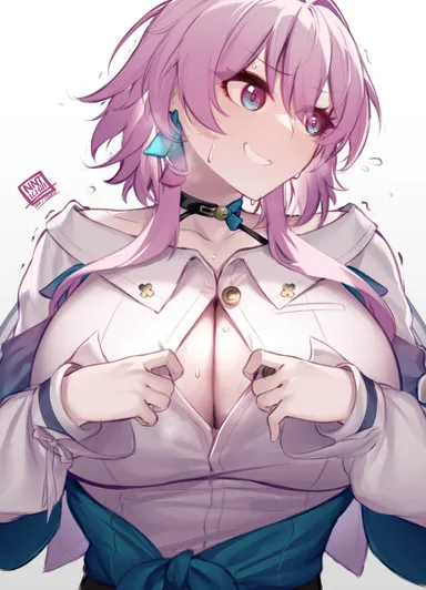 izulizuru, honkai: star rail, march 7th (honkai: star rail), 1girls, big breasts, blush, breasts, busty, cleavage, come hither, large breasts, looking away, nervous smile, open shirt, paizuri invitation, pov, smile, sweat, voluptuous