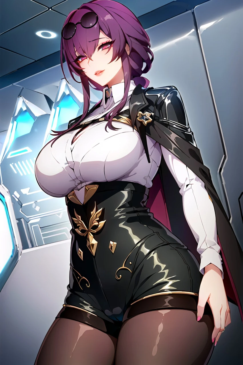 stable diffusion, honkai: star rail, kafka (honkai: star rail), 1girls, curvaceous, curvy body, curvy female, huge breasts, seductive look, voluptuous, voluptuous female, ai generated