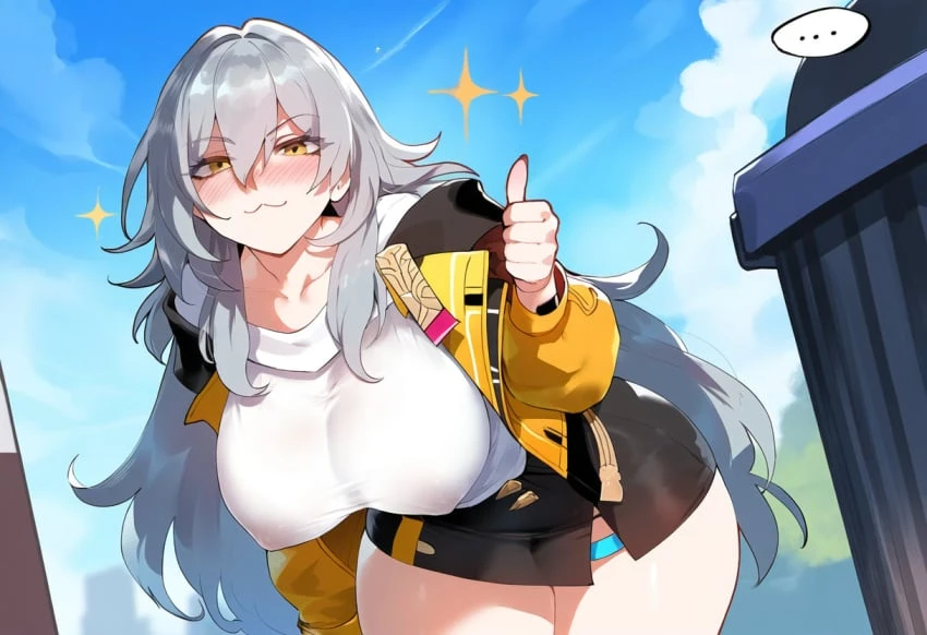 henrik n, honkai: star rail, stelle (honkai: star rail), hanging breasts, huge breasts, leaning forward, looking at viewer, massive breasts, nipple bulge, nipples visible through clothing, skirt, thick thighs, ai generated, novelai, thiccwithaq (ai style)