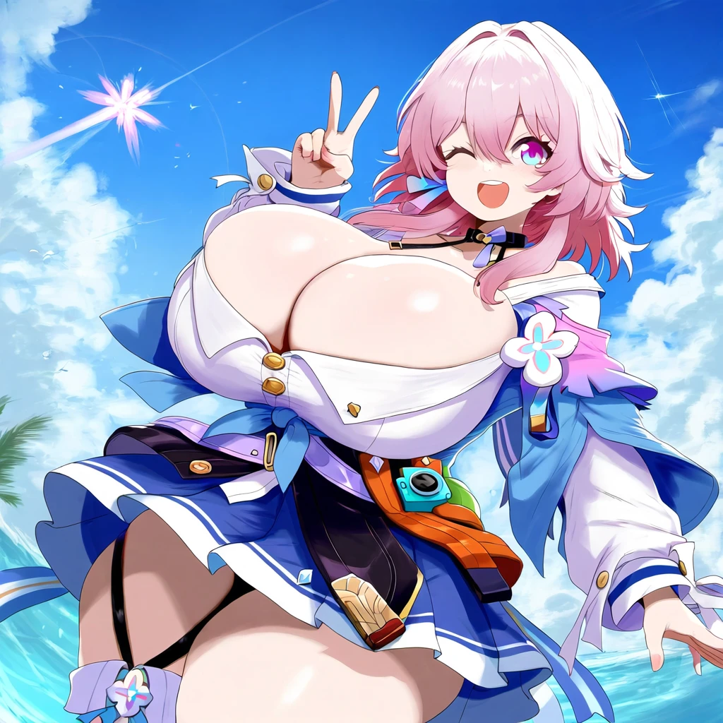 ameanon, honkai: star rail, mihoyo, march 7th (honkai: star rail), big breasts, breasts, cleavage, huge breasts, large breasts, peace sign, pink hair, skirt, thick thighs, thigh strap, ai generated