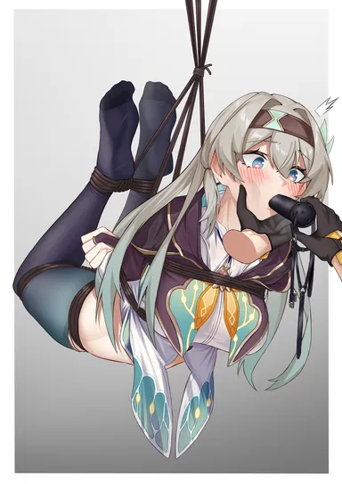 honkai (series), honkai: star rail, firefly (honkai: star rail), 1girls, ball gag, blush, bondage, bound, dildo gag, embarrassed, gag, gagged, gray hair, suspended, suspended in midair, thighhighs, tied up