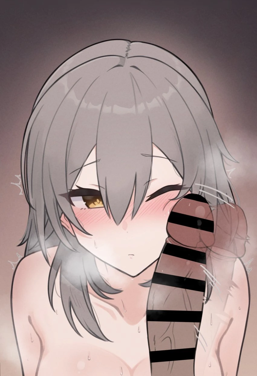 honkai (series), honkai: star rail, stelle (honkai: star rail), trailblazer (honkai: star rail), blush, breasts, cheek poking, cheek press, cleavage, close-up, closed mouth, erection, female, grey hair, hair between eyes, looking at viewer, medium hair, one eye closed, penis, penis on face, pepepe6pe, poking, solo focus, straight, trembling, upper body, veins, veiny penis, wince, yellow eyes, absurdres, bar censor, censored, highres