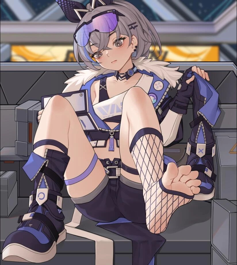 xssh, honkai (series), honkai: star rail, silver wolf (honkai: star rail), 1girls, barefoot, blush, cat ears, eyewear on head, feet, feet fetish, female, fishnets, foot fetish, foot focus, hips, knees, legs, ponytail, red cheeks, shades, shoes, short, shorts, silver eyes, silver hair, sitting, stockings, sunglasses on head, taking clothes off, visor, waist, wolf ears, high resolution, highres