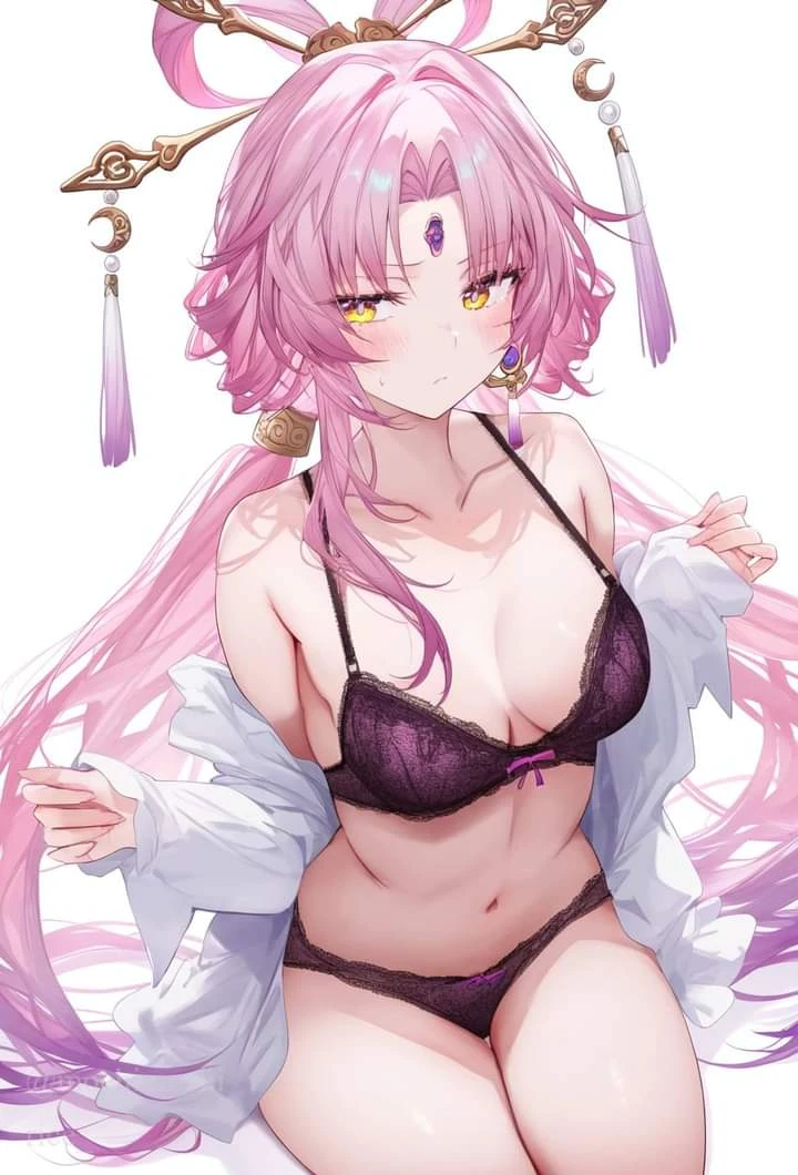 honkai (series), honkai: star rail, fu xuan (honkai: star rail), 1girls, bra, glowing, glowing eyes, inner, long hair, nervous, open clothes, panties, pink hair, shirt, underwear, undressing, white shirt, non-web source