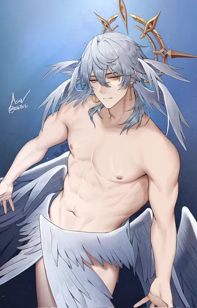 asaifrit, honkai: star rail, sunday (honkai: star rail), 1boy, abs, angel wings, covering crotch, golden eyes, twunk, white hair, wings, yaoi, yellow eyes