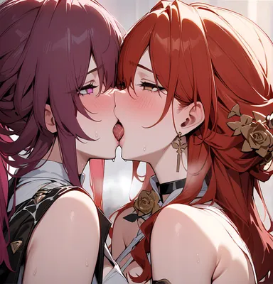 honkai (series), honkai: star rail, hoyoverse, himeko (honkai: star rail), kafka (honkai: star rail), blush, enemies to lovers, enemies with benefits, kissing, lesbian, lesbian kiss, lesbians, purple hair, red hair, yuri, ai generated