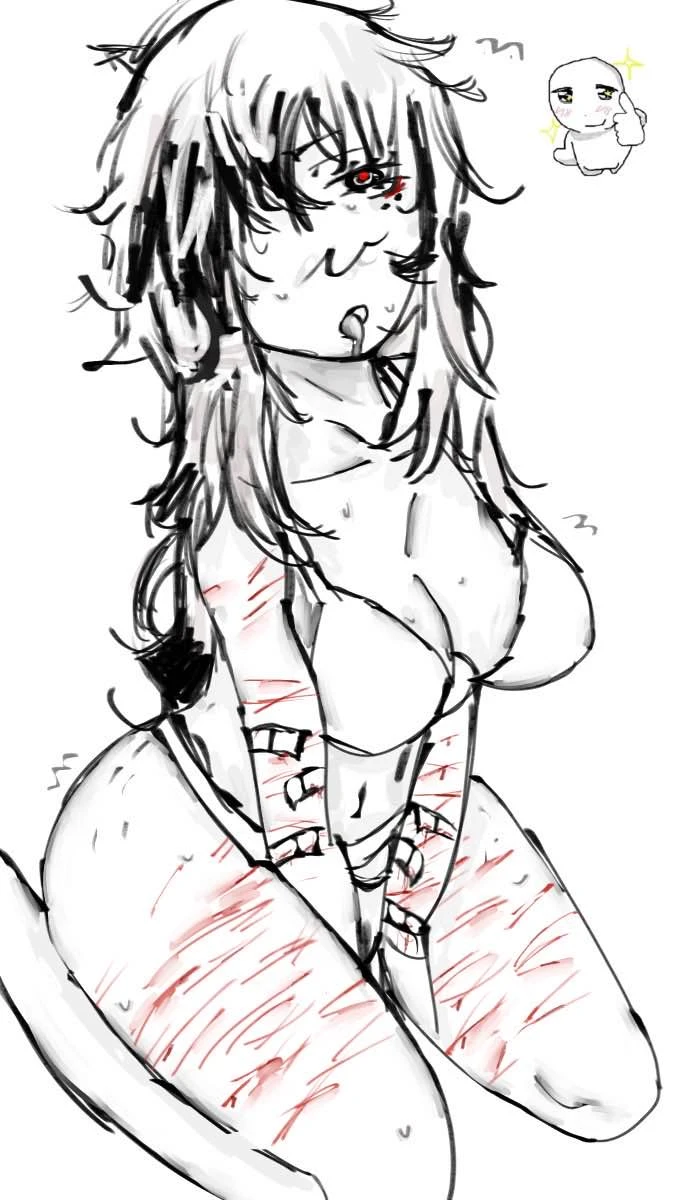 honkai: star rail, boothill (honkai: star rail), 1girls, bandaid on arm, drooling, gore, just no, long hair, messy hair, red pupils, selfharm, sweatdrop, underwear, white hair, genderswap (mtf)