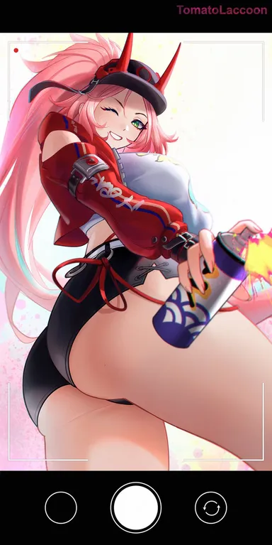 honkai (series), honkai: star rail, rappa (honkai: star rail), ass, ass focus, camera view, clothed, green eyes, phone camera, pink hair, tomatolaccoon