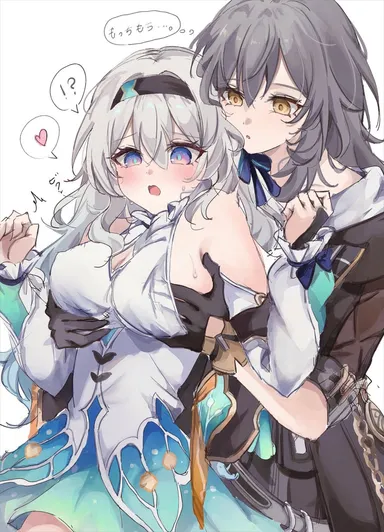 honkai: star rail, firefly (honkai: star rail), stelle (honkai: star rail), !?, 2girls, arms up, aroused, blush, female pervert, groping, groping breasts, groping from behind, multiple girls, nipple bulge, spoken heart, stimulation, sweatdrop, yuri, dialogue, japanese text, text