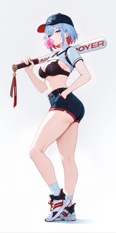 artist request, copyright request, honkai: star rail, character request, topaz (honkai: star rail), ass, bangs, baseball bat, baseball cap, belt, black belt, black bra, black clothes, black headwear, black shorts, black underwear, blue eyes, blue hair, blue shorts, bra, breasts, bubble blowing, chewing gum, cleavage, clothes lift, clothing, colored inner hair, crop top, female, female only, footwear, gradient, hair ornament, hairclip, half-closed eyes, hand in pocket, hand up, hat, headwear, holding, holding baseball bat, holding object, holding weapon, large breasts, legwear, looking at viewer, medium breasts, midriff, multicolored hair, navel, red headwear, serious, shirt, shirt lift, shoes, short hair, short shorts, short sleeves, shorts, sneakers, socks, solo, standing, stomach, strap, thighs, turtleneck, two-tone hair, underwear, weapon, white footwear, white legwear, white shirt, white socks, highres, source request