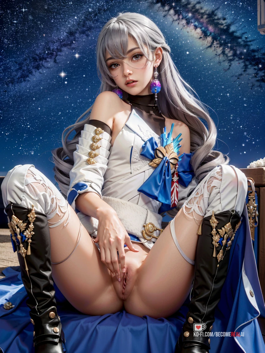 honkai: star rail, bronya rand, clothing, female masturbation, grey eyes, masturbation, nude, pussy, silver eyes, silver hair, sitting, white hair, ai generated