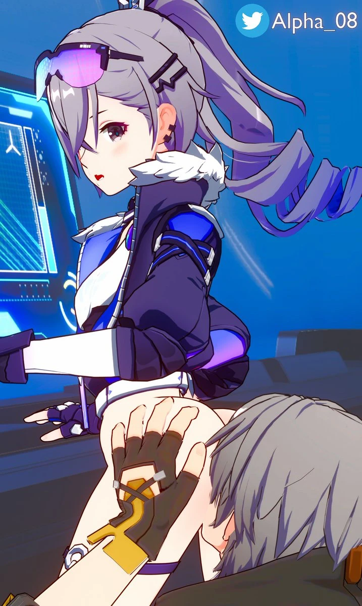 alpha 08, honkai: star rail, caelus (honkai: star rail), silver wolf (honkai: star rail), 1boy, 1girls, ass, ass grab, computer, computer monitor, cunnilingus, drill hair, gray hair, jacket, pussy eating, straight, surprised, surprised expression, visor (eyewear)