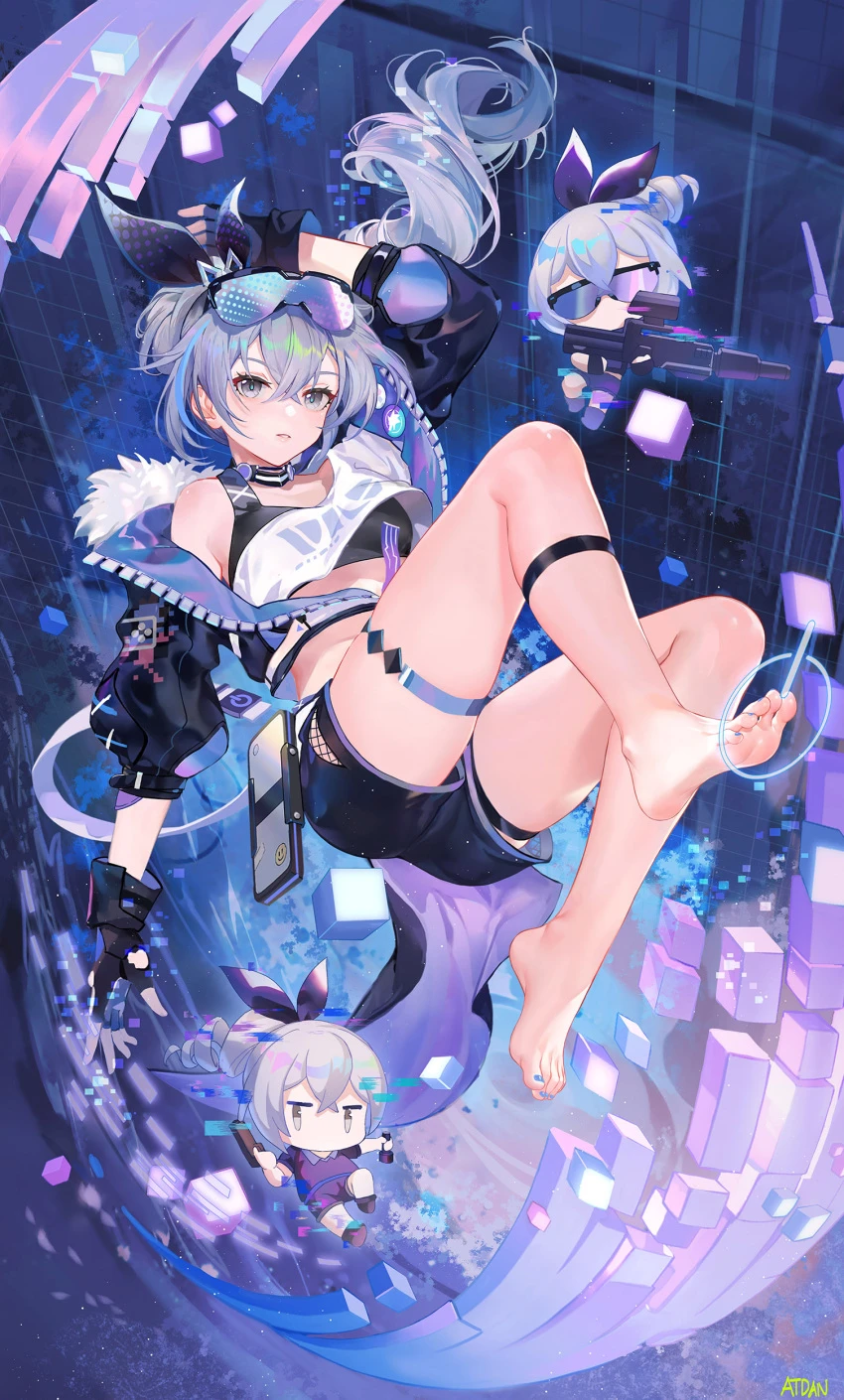 atdan, honkai: star rail, hoyoverse, mihoyo, silver wolf (honkai: star rail), bare knees, bare legs, bare shoulders, bare thighs, barefoot, blue nail polish, e-girl, egirl, feet, feet focus, fishnet, fishnet thighhighs, fishnets, foot fetish, foot focus, gamer girl, goth, goth girl, gothic lolita, grey eyes, grey hair, leg ring, legs, legs up, perfect feet, polish, seductive, seductive pose, silver eyes, silver hair, soles, thick thighs, thighhighs, thighs