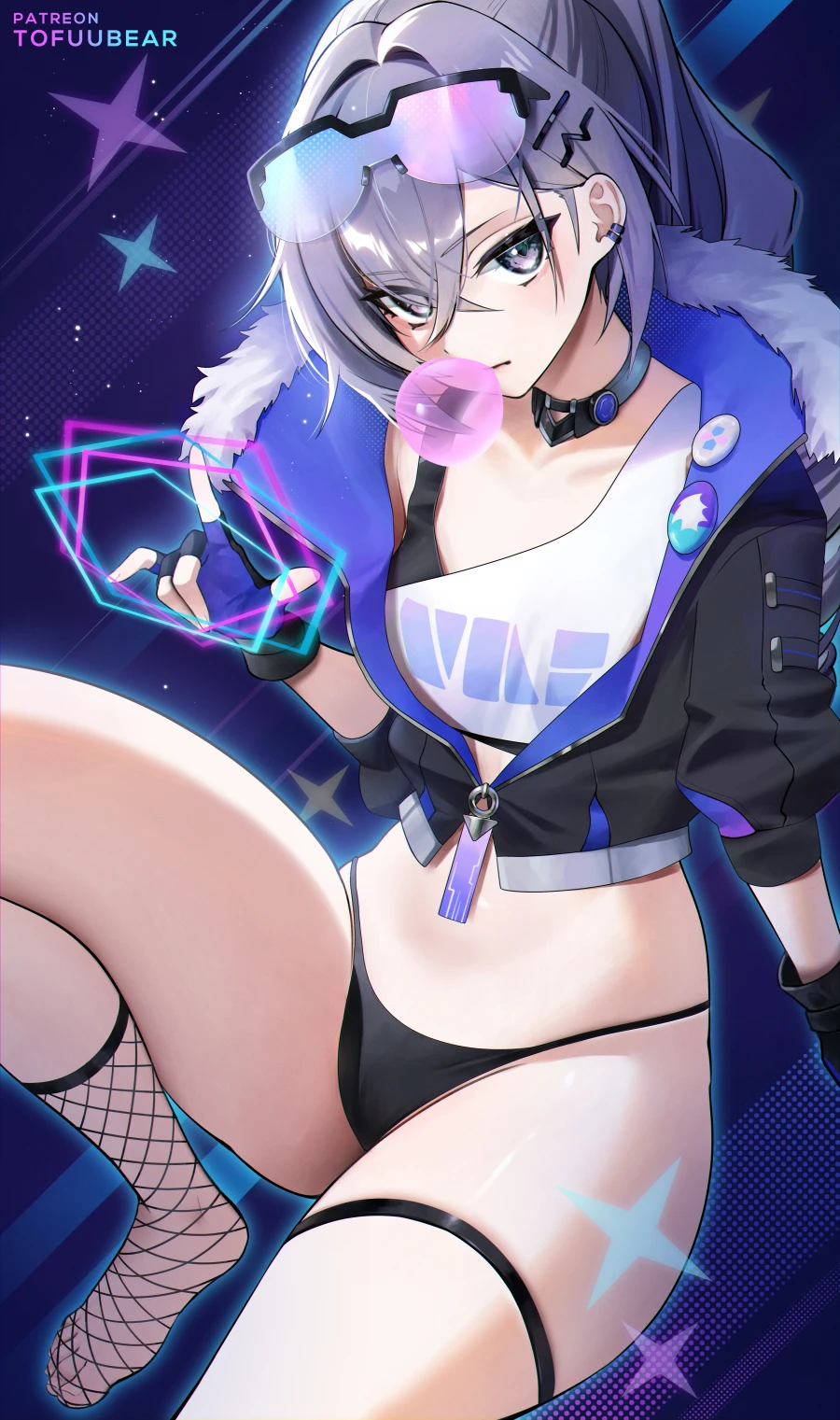 tofuubear, honkai: star rail, silver wolf (honkai: star rail), 1girls, choker, eyewear on head, feet, female, female only, fingerless gloves, fishnets, gloves, hairclip, jacket, looking at viewer, panties, purple eyes, purple hair, solo, solo female, tank top, thick thighs, thigh strap, thighs