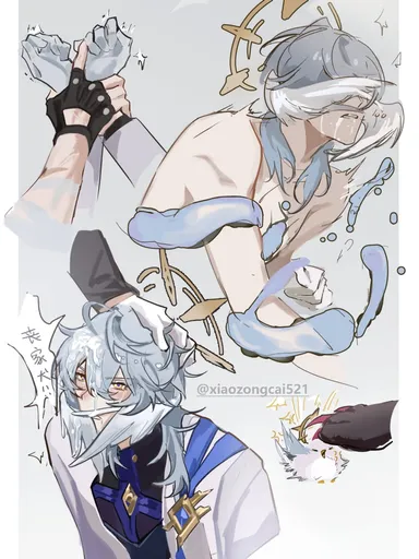 honkai (series), honkai: star rail, gallagher (honkai: star rail), sunday (honkai: star rail), 2boys, black gloves, blush, cum, facial, fingerless gloves, gloves, grey hair, halo, head wings, multiple boys, nude, out of frame, wings, xiaozongcai521, yaoi, yellow eyes, highres