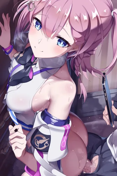 takashia (akimototakashia), honkai (series), honkai: star rail, asta (honkai: star rail), 1boy, ass, bare shoulders, blue eyes, blush, bottomless, bow, bowtie, braid, breasts, cellphone, closed mouth, clothed sex, cum, detached sleeves, female, hair ornament, medium breasts, medium hair, one side up, penis, phone, pink hair, sex, sex from behind, shirt, side braid, sleeveless, sleeveless shirt, smile, straight, sweat, white shirt, highres