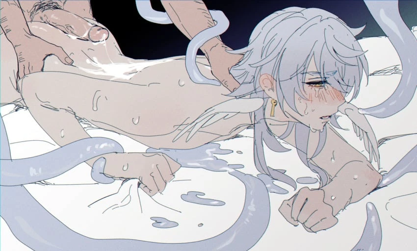 mgph, honkai (series), honkai: star rail, gallagher (honkai: star rail), sunday (honkai: star rail), 2boys, blush, cum on back, cum on body, cumming, gripping sheets, hairy, male only, male/male, pubic hair, tentacle, wings, yaoi, color