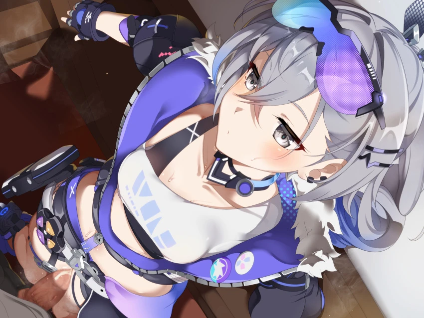 takashia (akimototakashia), honkai: star rail, silver wolf (honkai: star rail), 1boy1girl, against wall, embarrassed, faceless male, glasses, glasses on head, gloves, looking away, medium breasts, midriff, penis, penis between legs, penis out, piercing, revealing clothes, sex, shorts, silver hair, standing, stomach, sweat, thigh fucking, thigh job, 2d