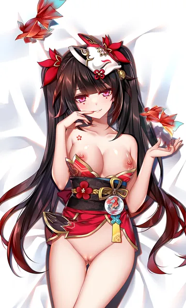 grandia bing, honkai (series), honkai: star rail, sparkle (honkai: star rail), bare shoulders, breasts, brown hair, collarbone, female, long hair, looking at viewer, pussy, smile, sparkle, thighs, twintails, highres