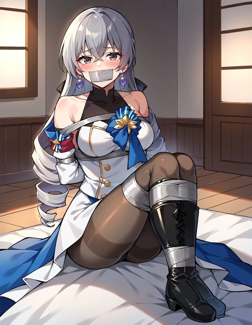 luffyk1d, honkai: star rail, bronya rand, 1girls, armor, arms behind back, blush, bondage, drill hair, female, gagged, grey eyes, long hair, tape, tape bondage, tape gag, taped arms, taped hands, taped legs, taped mouth, white hair, ai generated